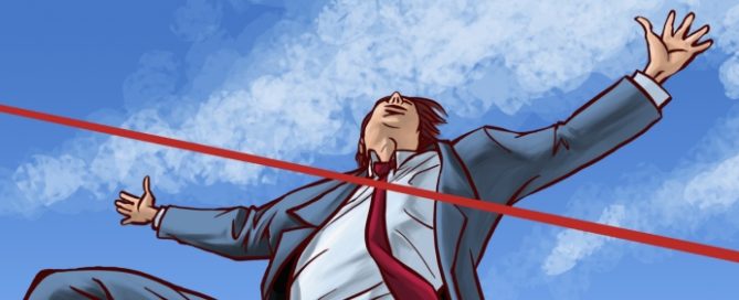 A cartoon businessman approaching the tape of a finish line